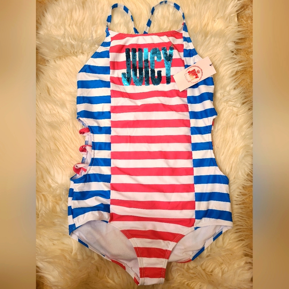 Juicy Couture Girls size 16 swimsuit sequins cut outs on sides Stripe nautical